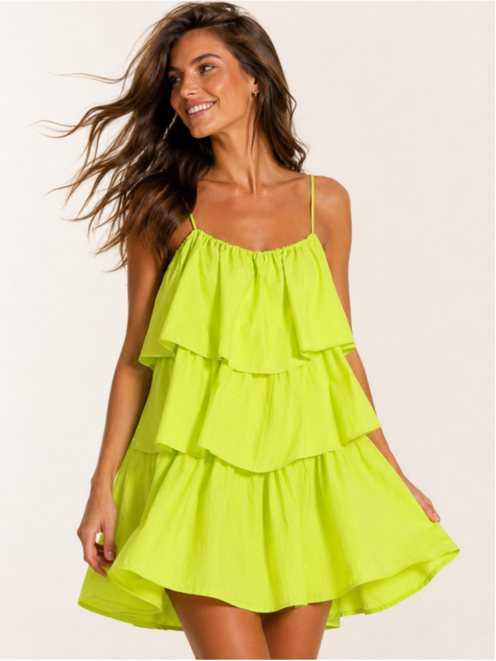 Day Moon Tiered Ruffle Mini Dress Neon Lime Coastal Feminine Bright Coquette S